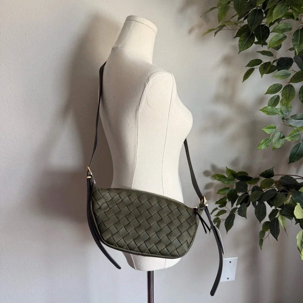 NWT Olive Green Woven Vegan Leather Crossbody Bag